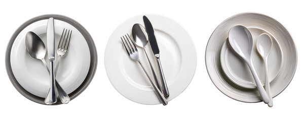 Ceramic plate, silver spoon and kitchen utensils on white plate for dinner on transparent background