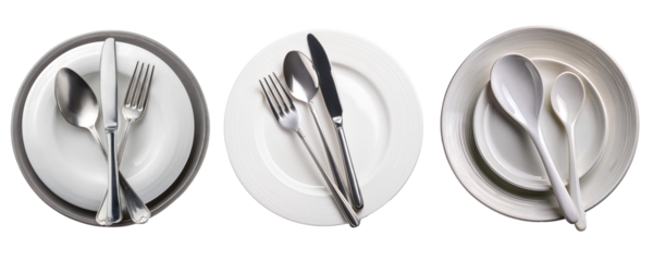 Ceramic plate, silver spoon and kitchen utensils on white plate for dinner on transparent background