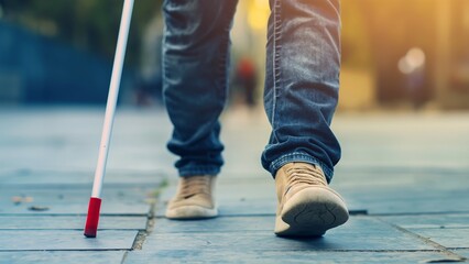 Close-Up Of Mobility Aid In Use. Blind Person Using White Cane On Street
