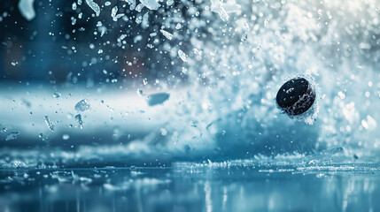 Shot Hockey Puck into the Goal: Puck speeding down the ice and splashing water