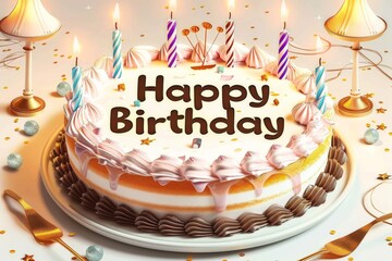 Beautiful birthday cake with candles and "Happy Birthday" text on a white background, featuring soft pastel colors and a cozy atmosphere with warm lighting, captured in a photorealistic style.