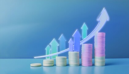 3D render of business graph with upward arrow showing financial growth and market success.