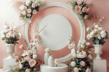 Elegant large blank canvas with roses and vases, soft pastel background with delicate lighting, featuring a pink color scheme and delicate textures, creating a refined and natural beauty atmosphere.