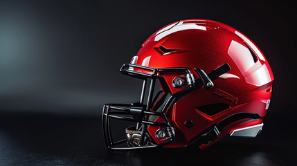 Fototapeta premium Side View of Red Football Helmet: Side view of a red American football helmet against a black 
