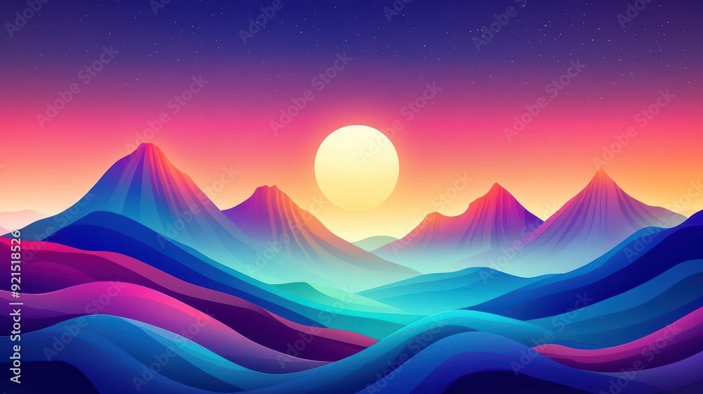 Sticker Experience a serene night in a fantasy mountain range with this stunning aerial viewperfect for wallpaper and relaxation.