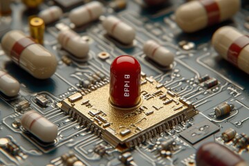Red pill on a circuit motherboard symbolizing the fusion of pharmacology and technology in the advancement of digital health solutions