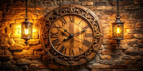 Obraz premium Rustic wooden clock with Roman numerals and intricate carvings on its frame, hanging on a distressed stone wall with a soft, warm lighting effect.