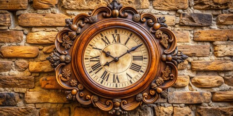 Fototapeta premium An old vintage wall clock with intricate wooden carvings and roman numerals hangs on a distressed stone wall with a warm, cozy ambiance.
