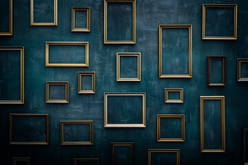 Many empty gold picture frames in different sizes hanging on a vintage wall, blank frame background