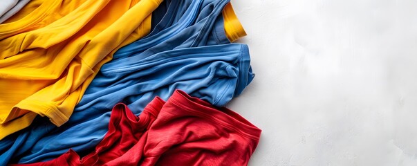 Yellow, Blue, and Red Fabric Draped on White Background