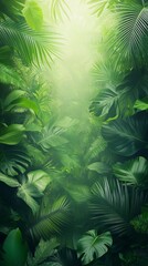 Lush green palm leaves frame vibrant tropical jungle scene