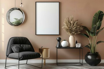 Modern living room interior with a mockup poster frame, black armchair, and decor against a beige wall.