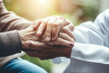 Young doctor compassionately holding hands with elderly patient, symbolizing care and empathy in healthcare for the elderly, captured in high-resolution and high-definition quality.