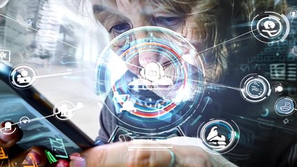 Global Connection: An older woman navigates the digital world with a smartphone, showcasing a globe-shaped interface filled with icons, representing a connected world. - Powered by Adobe