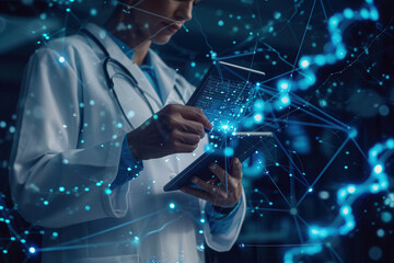 Doctor utilizing tablet device for data analysis in a high-tech healthcare environment with digital connections