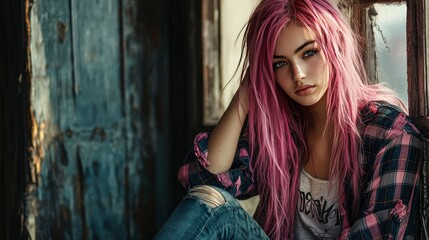 Fototapeta premium Teen Latino Woman with Pink Straight Hair creative poster.