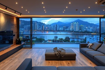 Obraz premium Luxury living room with panoramic view UHD wallpaper