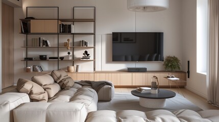 Contemporary living room with a plush modular sofa, minimalist shelving, and a modern flat-screen TV on a sleek wall, exuding elegance with clean lines and soft tones
