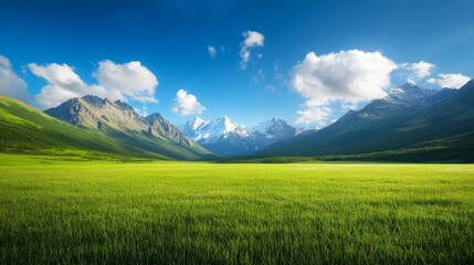 Scenic green meadow with snow-capped mountains and blue sky