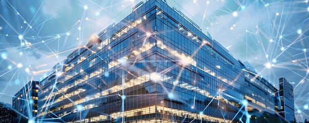 Modern Glass Office Building with Abstract Network Overlay