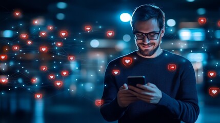 Man Engaging with Social Media on Smartphone at Night