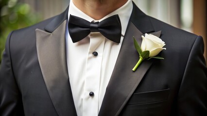 Elegant black tuxedo adorned with white boutonniere, complemented by a delicate bow tie, perfect for a formal wedding celebration or luxurious evening event.