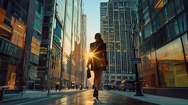 Sunrise Ambition: A confident woman strides towards a bright future, walking into the sunrise on a bustling city street, her silhouette a beacon of hope and ambition. 