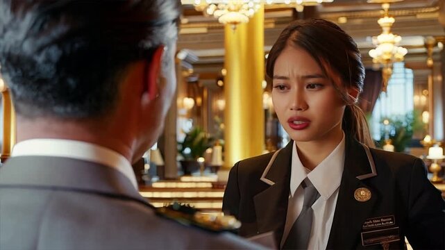 A Moment of Truth: A young, determined concierge in a luxury hotel confronts a guest, her expression a mix of professionalism and simmering tension. 