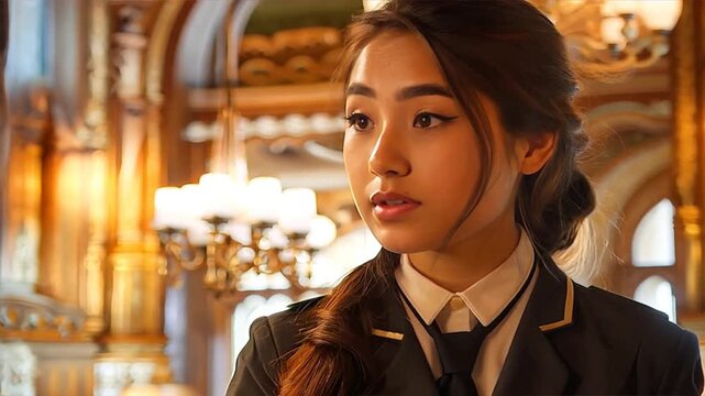 A Moment of Contemplation: A young woman, adorned in a crisp uniform, gazes thoughtfully amidst the gilded grandeur of a palatial interior. 