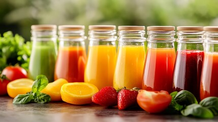 Colorful Assorted Juices in Bottles with Fresh Fruits