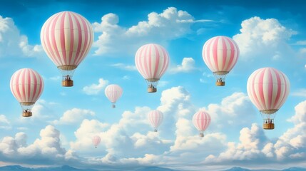 Naklejka premium Multiple Hot Air Balloons Floating in Cloudy Sky
