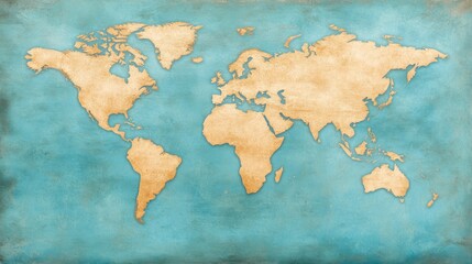 Antique world map on a distressed blue background