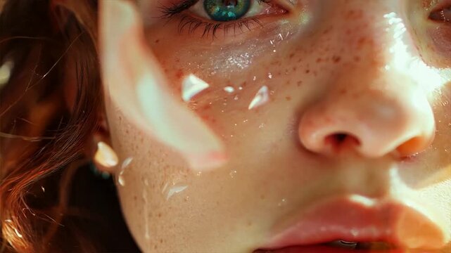 Sun-Kissed Glow: A close-up portrait of a woman with freckles and captivating green eyes, her face adorned with glistening droplets of water and hints of sunscreen, capturing the essence of summer bea