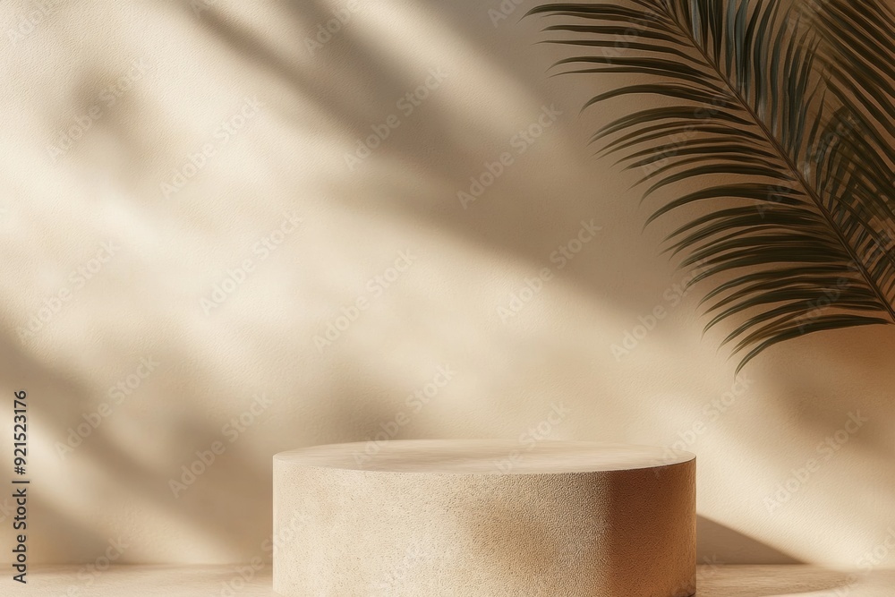 Poster Minimalist Warm Beige Monochromatic Podium Display in Diffused Natural Daylight Setting with Smooth Shadows, Ideal for Product Showcasing
