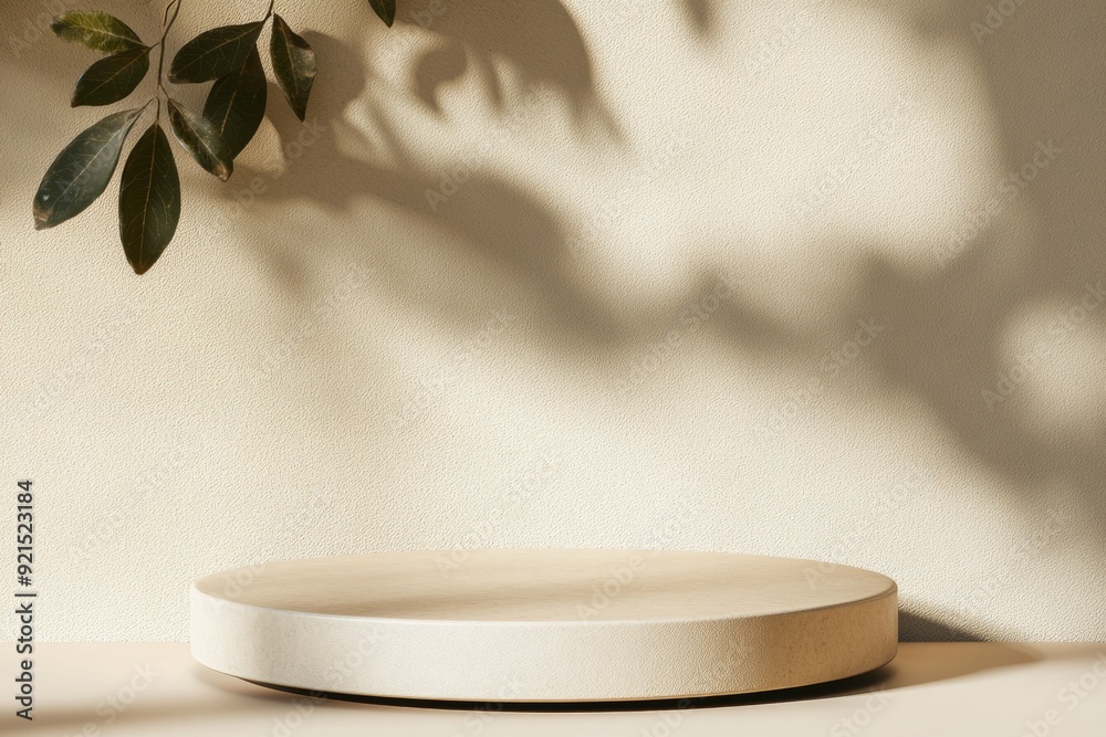 Poster monochromatic minimalist mockup with warm beige circular podium and natural daylight shadows in mode