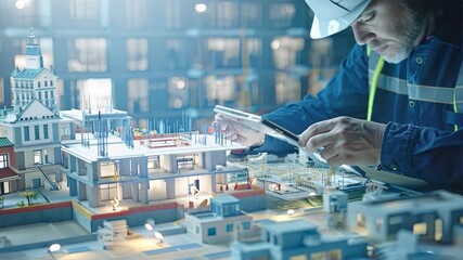 Masterminding the Urban Landscape: An experienced architect meticulously reviews blueprints against a luminous miniature cityscape, showcasing the precision and vision behind modern urban planning. 