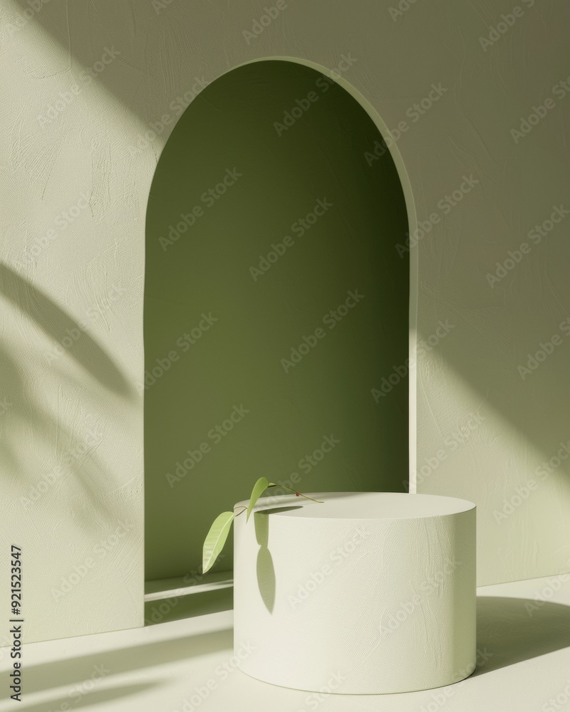 Poster minimalist mockup featuring a vibrant green round podium on a soft beige background with diffused na