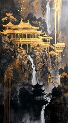 Obraz premium gold mountains chinese painting landscape illustration poster background