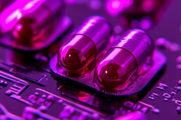 Futuristic pink pills on a neon lit motherboard reflecting advanced pharmaceutical technology