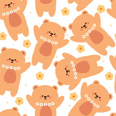 seamless pattern cartoon bear and flower. cute animal and floral wallpaper for fabric print, gift wrap paper