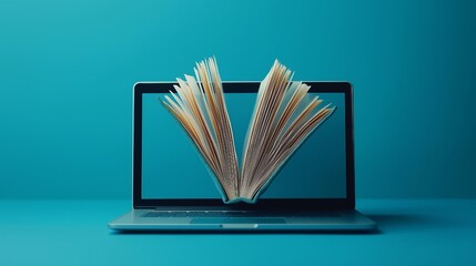 A laptop screen with an open book emerging on a blue background represents online learning. AI Generative
