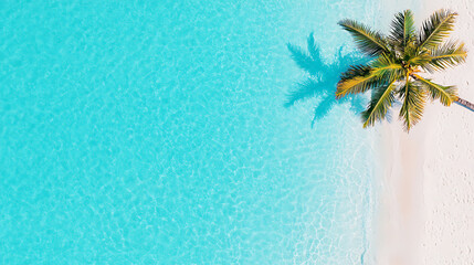 A palm tree is on a beach with the ocean in the background