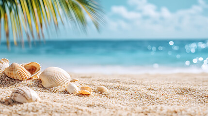 A beach scene with shells and a palm tree in the background