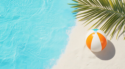 A beach scene with a white and orange beach ball on the sand