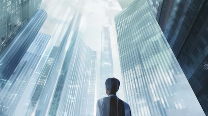 Businessman Looking Up at Skyscrapers