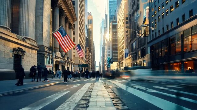 Manhattan Hustle: A bustling cityscape unfolds, capturing the energy of Wall Street with a stream of pedestrians and moving vehicles, framed by iconic American flags and towering skyscrapers.