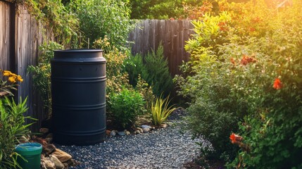 Naklejka premium Black Rain Barrel in a Lush Garden