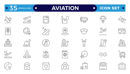 Set of thin-line aviation Icons. Plane icon collection. Airplane icon vector. Flight transport symbol. Travel concept. Editable stroke outline icon. 