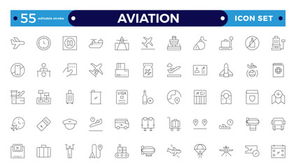 Set of thin-line aviation Icons. Plane icon collection. Airplane icon vector. Flight transport symbol. Travel concept. Editable stroke outline icon. 