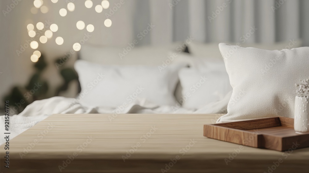 Aufkleber Warm Beige Wooden Table Surface for Product Display in Cozy Morning Bedroom with Soft Lighting and Bokeh Effect